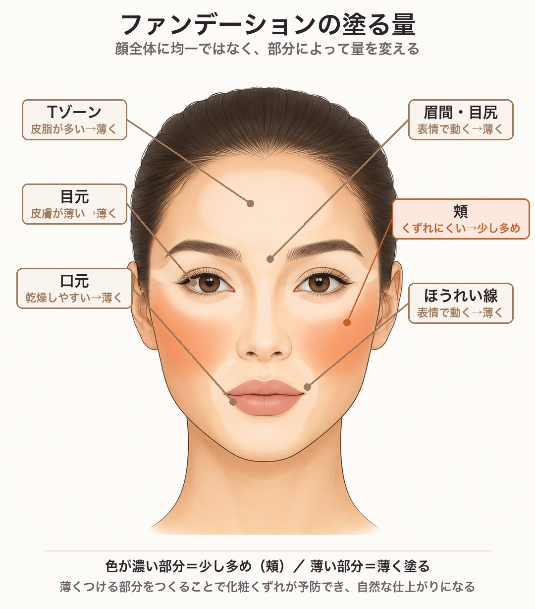 ファンデーションの塗る量の顔マップ。皮脂が多いTゾーン、皮膚が薄い目元、乾燥しやすい口元、表情で動く眉間・目尻・ほうれい線は薄く、くずれにくい頬は少し多め