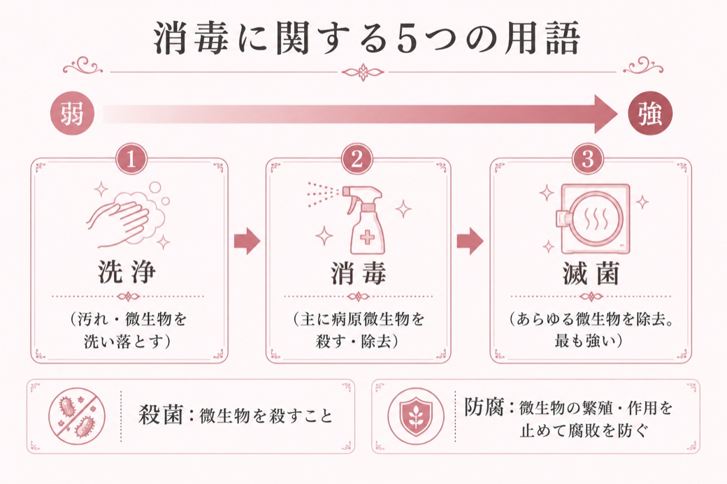 消毒に関する5つの用語の関係図:弱から強へ 洗浄(汚れ・微生物を洗い落とす)→消毒(主に病原微生物を殺す・除去)→滅菌(あらゆる微生物を除去・最も強い)。殺菌=微生物を殺すこと、防腐=繁殖や作用を止めて腐敗を防ぐ