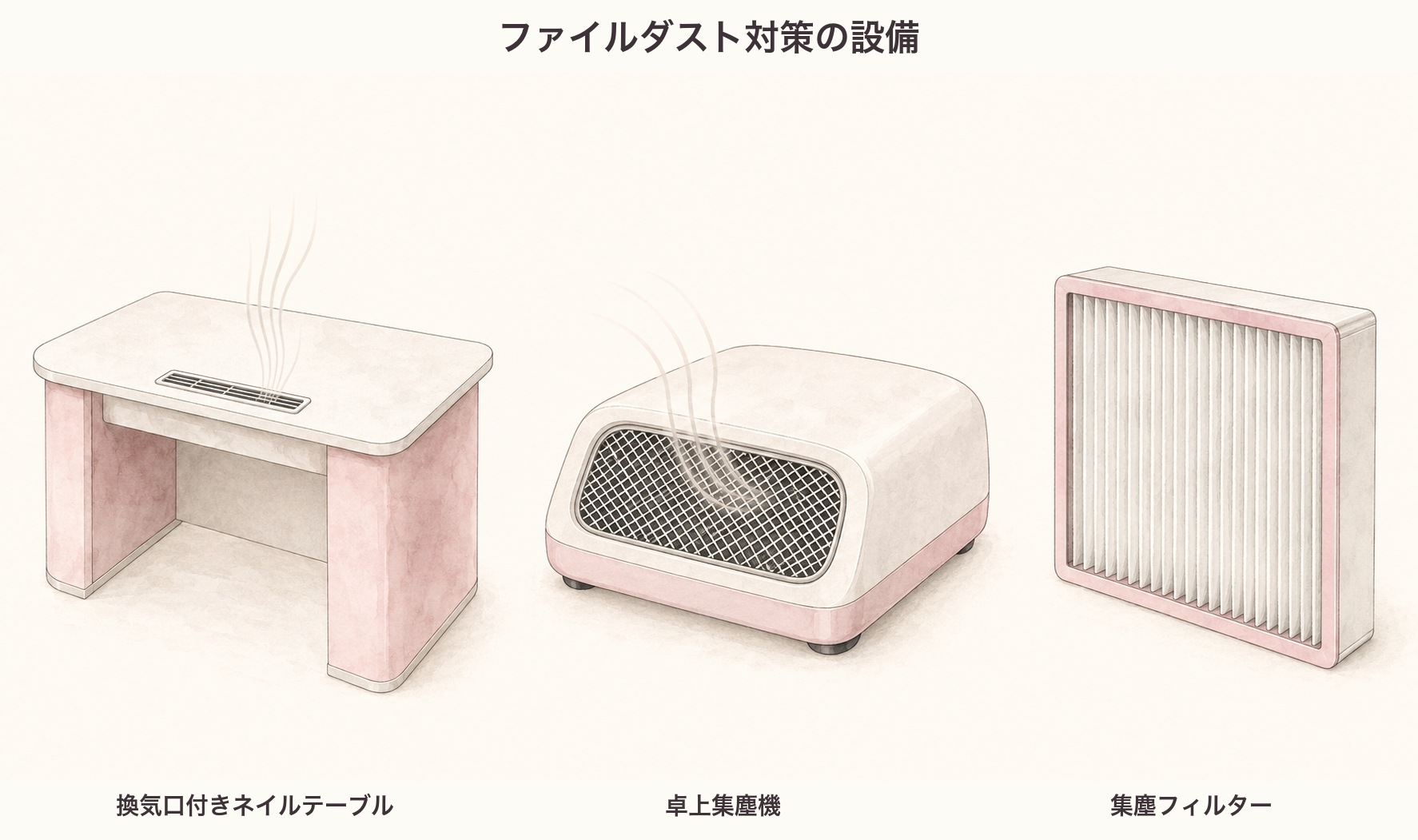 ファイルダスト対策の設備の図。換気口付きネイルテーブル・卓上集塵機・集塵フィルター