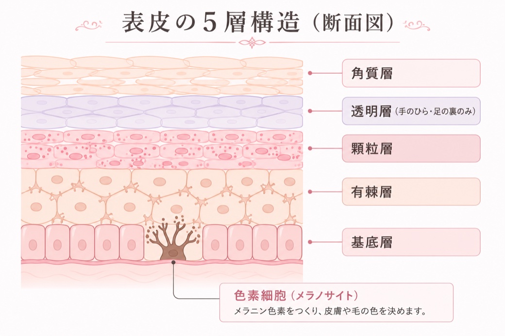 表皮の5層の断面図。上から角質層・透明層(手のひら足の裏のみ)・顆粒層・有棘層・基底層と、基底層の色素細胞(メラノサイト)