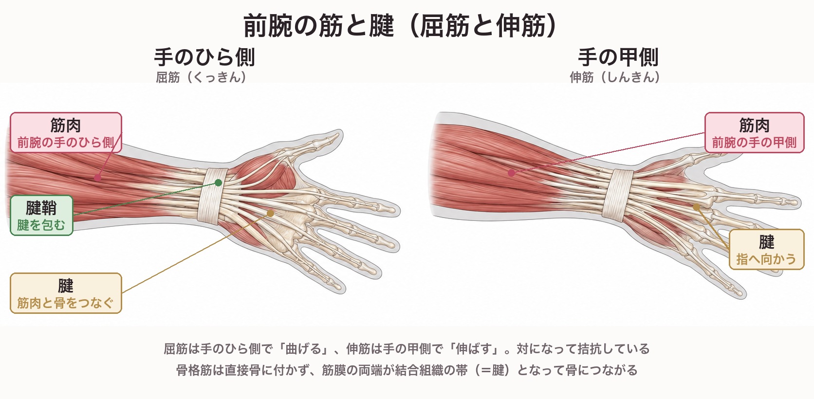 前腕の筋と腱の図。左は手のひら側で屈筋、右は手の甲側で伸筋。筋肉が腱に移行し、手首の腱鞘をくぐって各指へ向かう