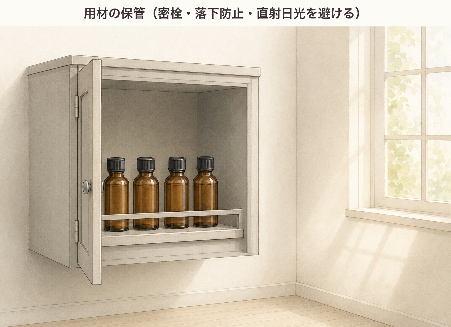 用材の保管の図。蓋を閉めた瓶を、落下防止の縁がある棚に置き、直射日光の当たらない場所で保管する