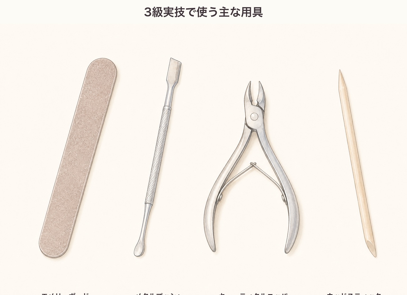 3級実技で使う4つの用具の図。エメリーボード・メタルプッシャー・キューティクルニッパー・ウッドスティック