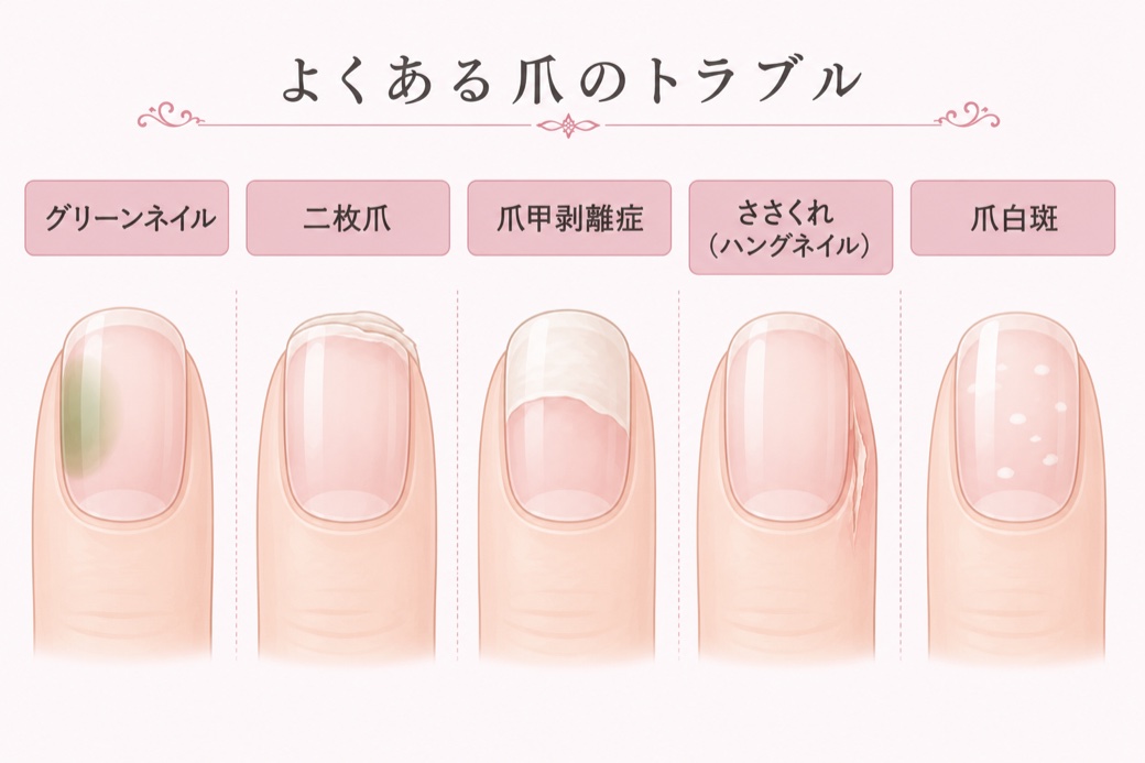 よくある爪のトラブル：グリーンネイル・二枚爪・爪甲剥離症・ささくれ(ハングネイル)・爪白斑