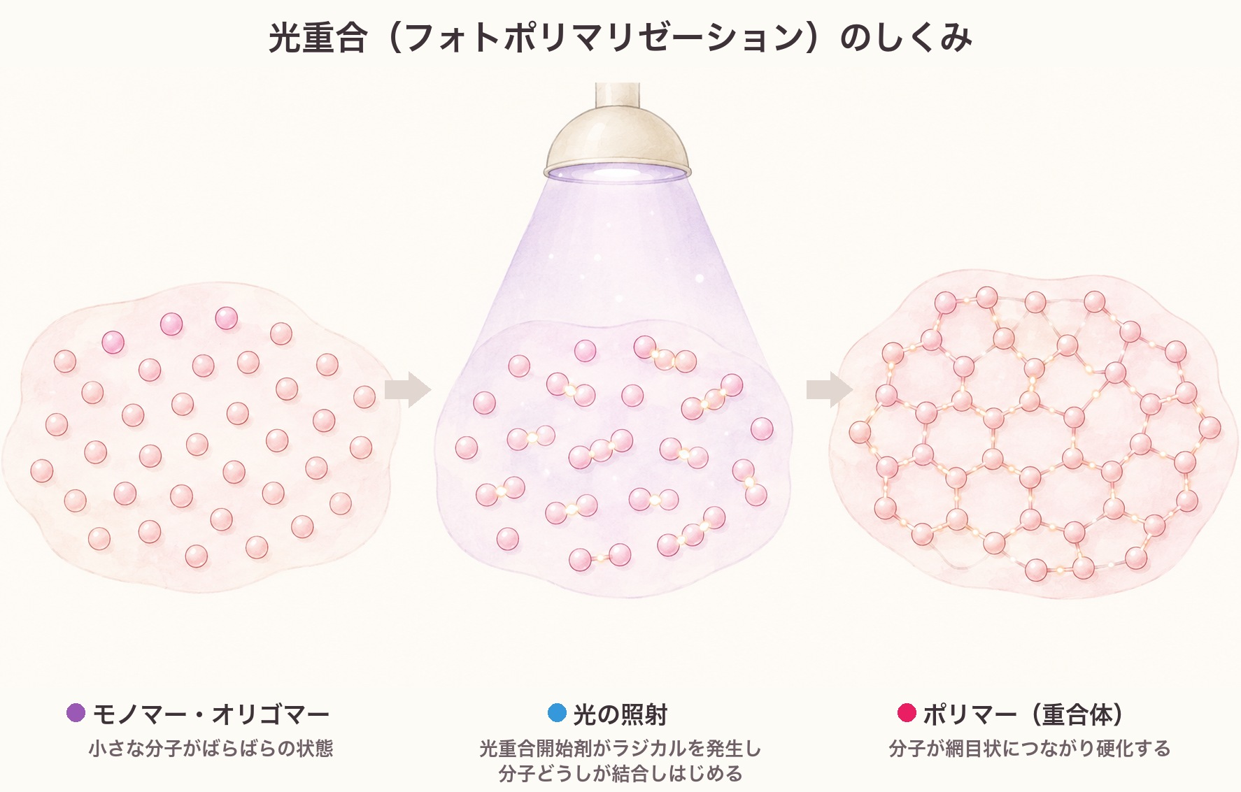 光重合のしくみの図。ばらばらのモノマー・オリゴマーに光を照射すると分子どうしが結合しはじめ、網目状のポリマーになって硬化する