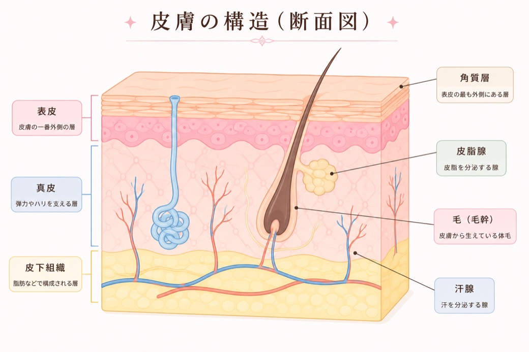 皮膚の構造の断面図：外側から表皮・真皮・皮下組織の3層と、汗腺・皮脂腺・毛の位置