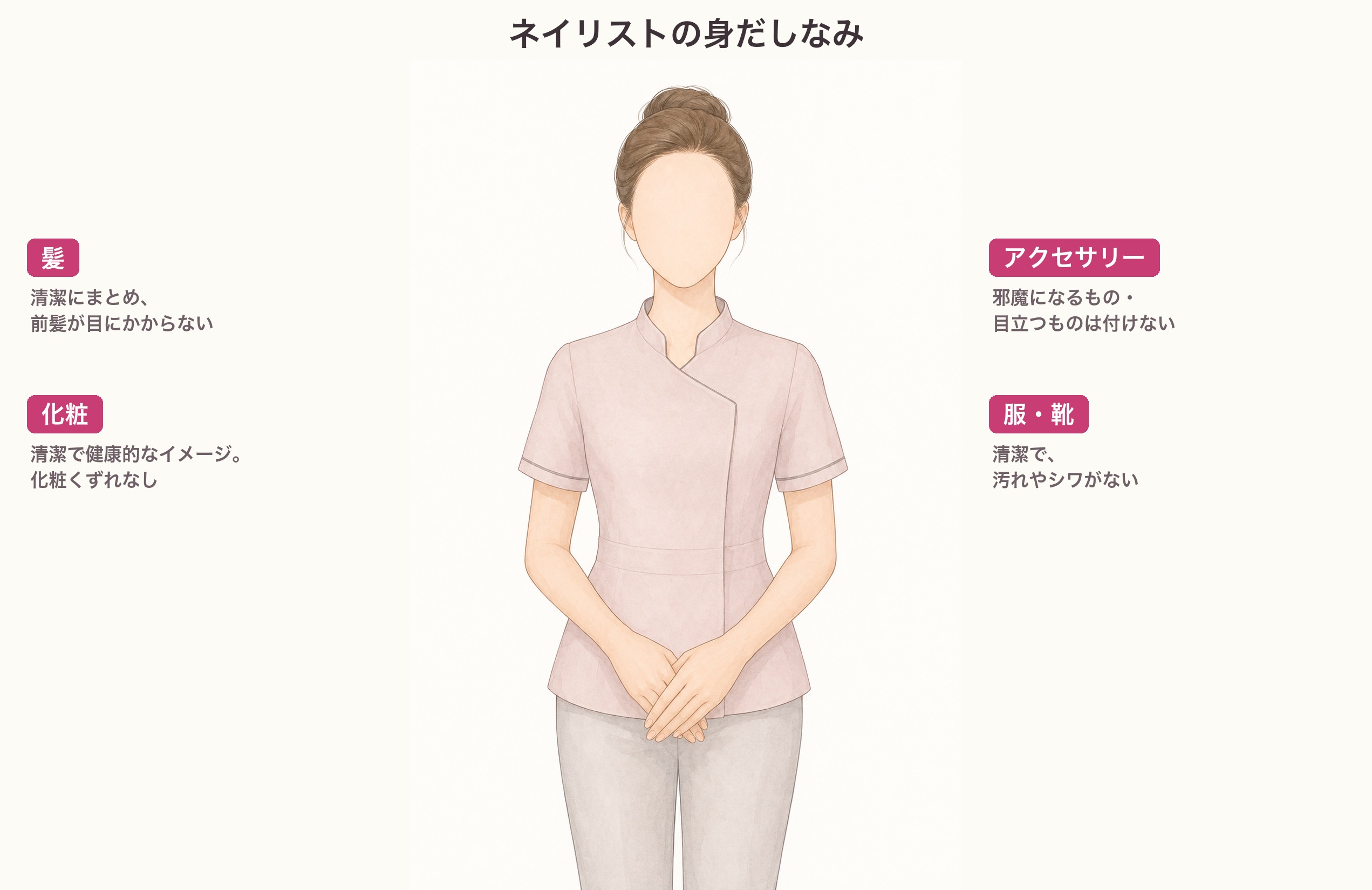ネイリストの身だしなみの図。髪をまとめ、清潔な服装で、指輪やブレスレットを付けていない